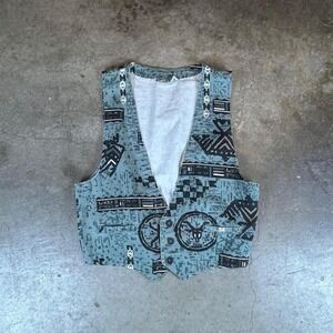 Chicos Design Vintage Southwestern Tribal Print Cotton Vest Teal Black Mens S